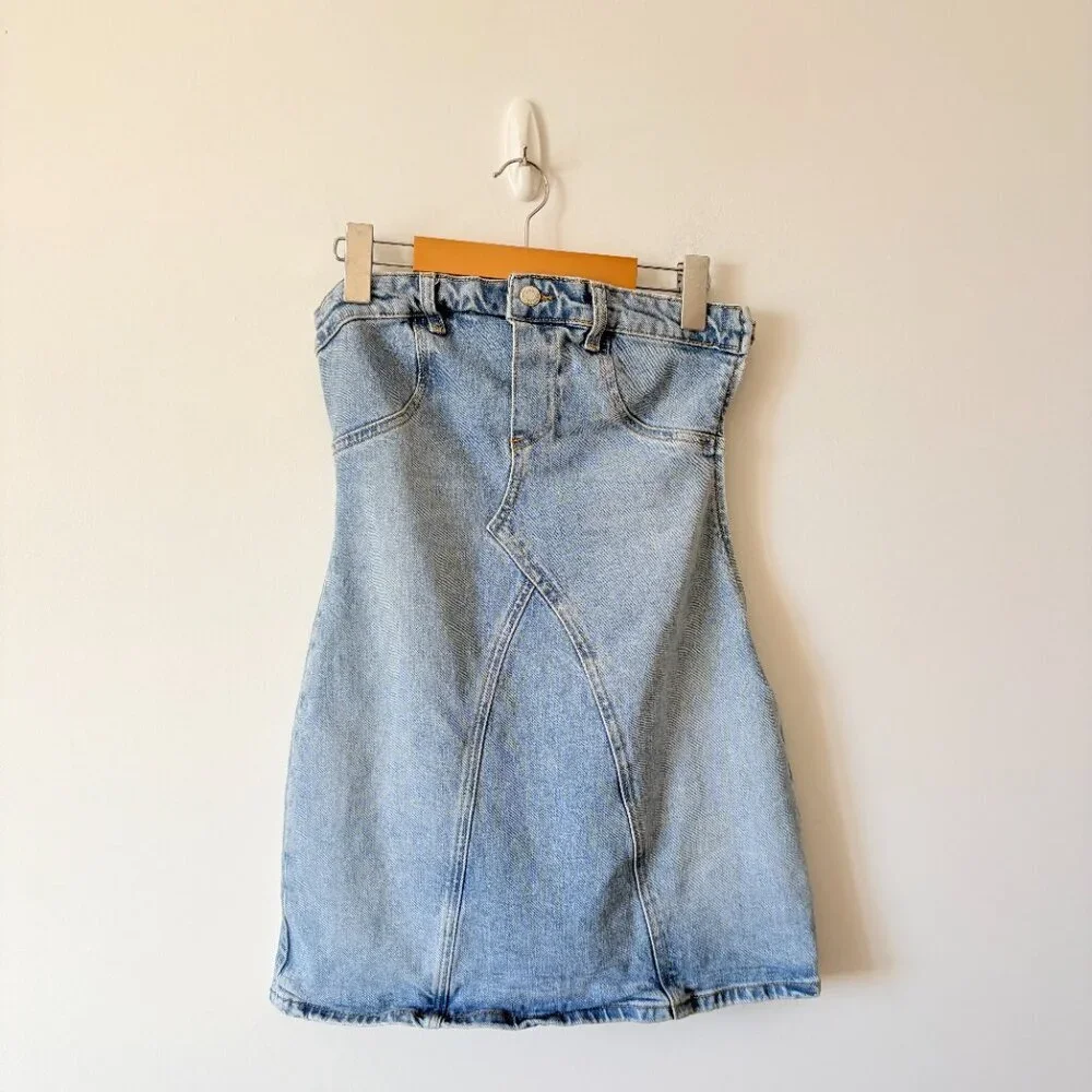 Zara Denim Strapless Mini Dress Washed Blue Size Small Bloggers Fav - Picture 5 of 8